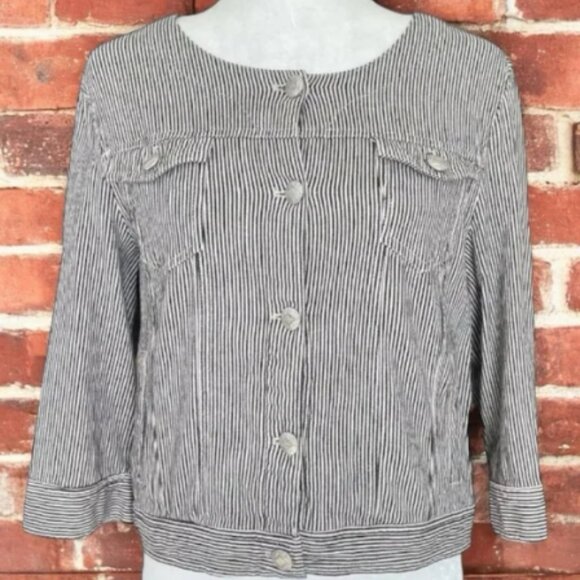 Live A Little Black and White Railroad Stripe ¾ Sleeve Jean Jacket Size - Picture 1 of 5